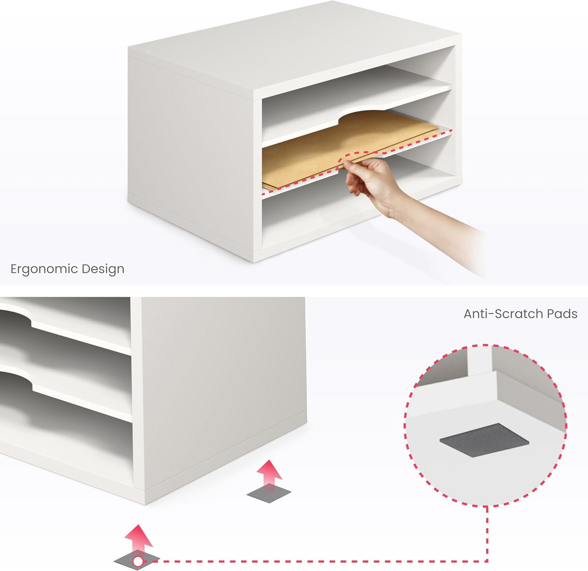 File Organizer, 2-Tier Document Paper Sorter, Stackable Wood Desk Organizer Mail Holder, Monitor Stand with Storage Shelves, White