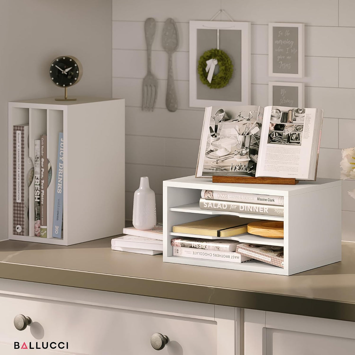 File Organizer, 2-Tier Document Paper Sorter, Stackable Wood Desk Organizer Mail Holder, Monitor Stand with Storage Shelves, White