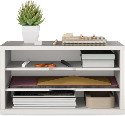 File Organizer, 2-Tier Document Paper Sorter, Stackable Wood Desk Organizer Mail Holder, Monitor Stand with Storage Shelves, White