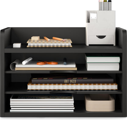 File Organizer, 2-Tier Document Paper Sorter, Stackable Wood Desk Organizer Mail Holder, Monitor Stand with Storage Shelves, White