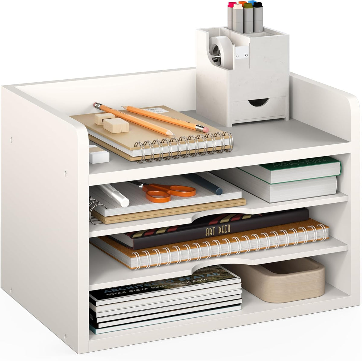File Organizer, 2-Tier Document Paper Sorter, Stackable Wood Desk Organizer Mail Holder, Monitor Stand with Storage Shelves, White