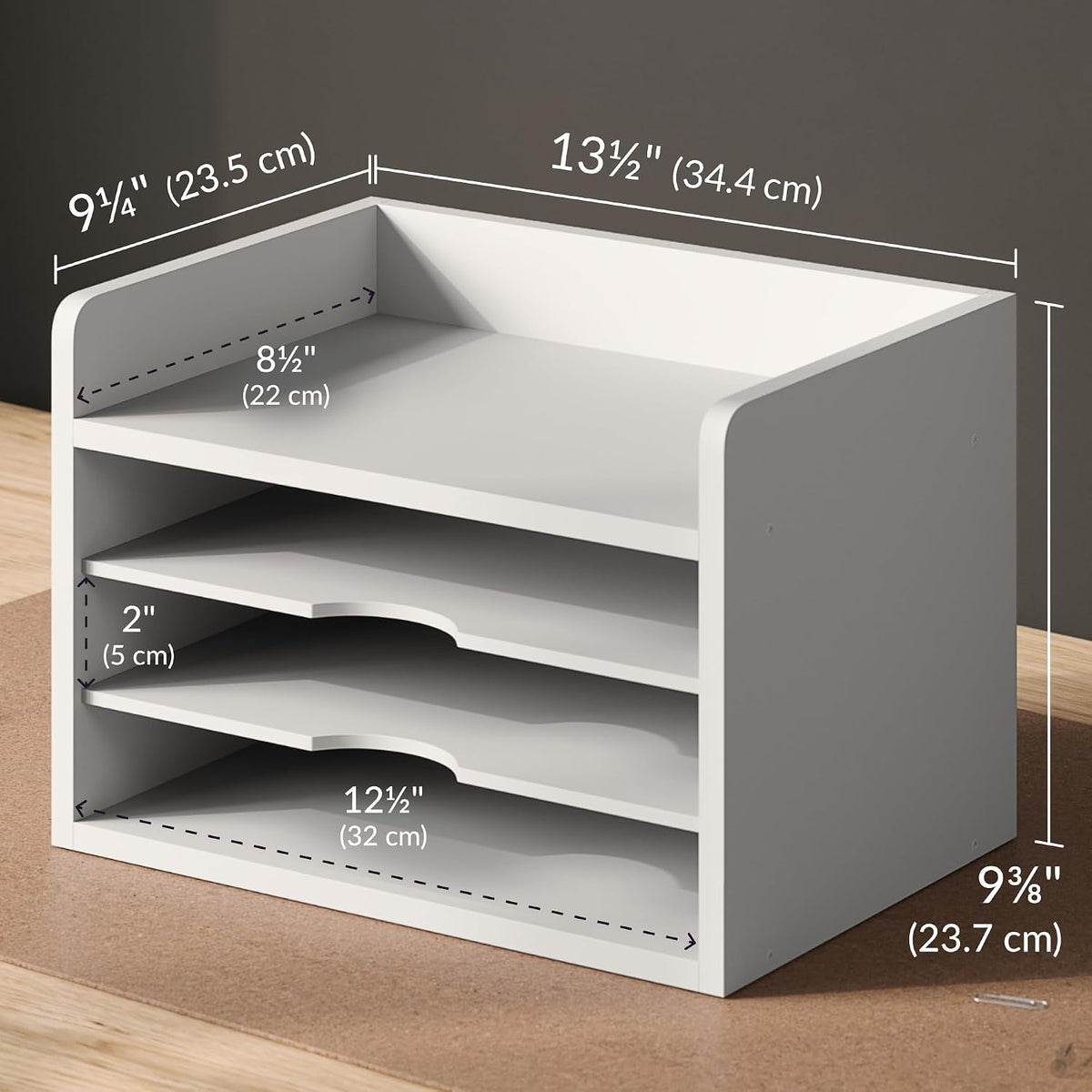 File Organizer, 2-Tier Document Paper Sorter, Stackable Wood Desk Organizer Mail Holder, Monitor Stand with Storage Shelves, White