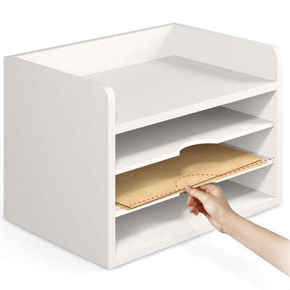 File Organizer, 2-Tier Document Paper Sorter, Stackable Wood Desk Organizer Mail Holder, Monitor Stand with Storage Shelves, White
