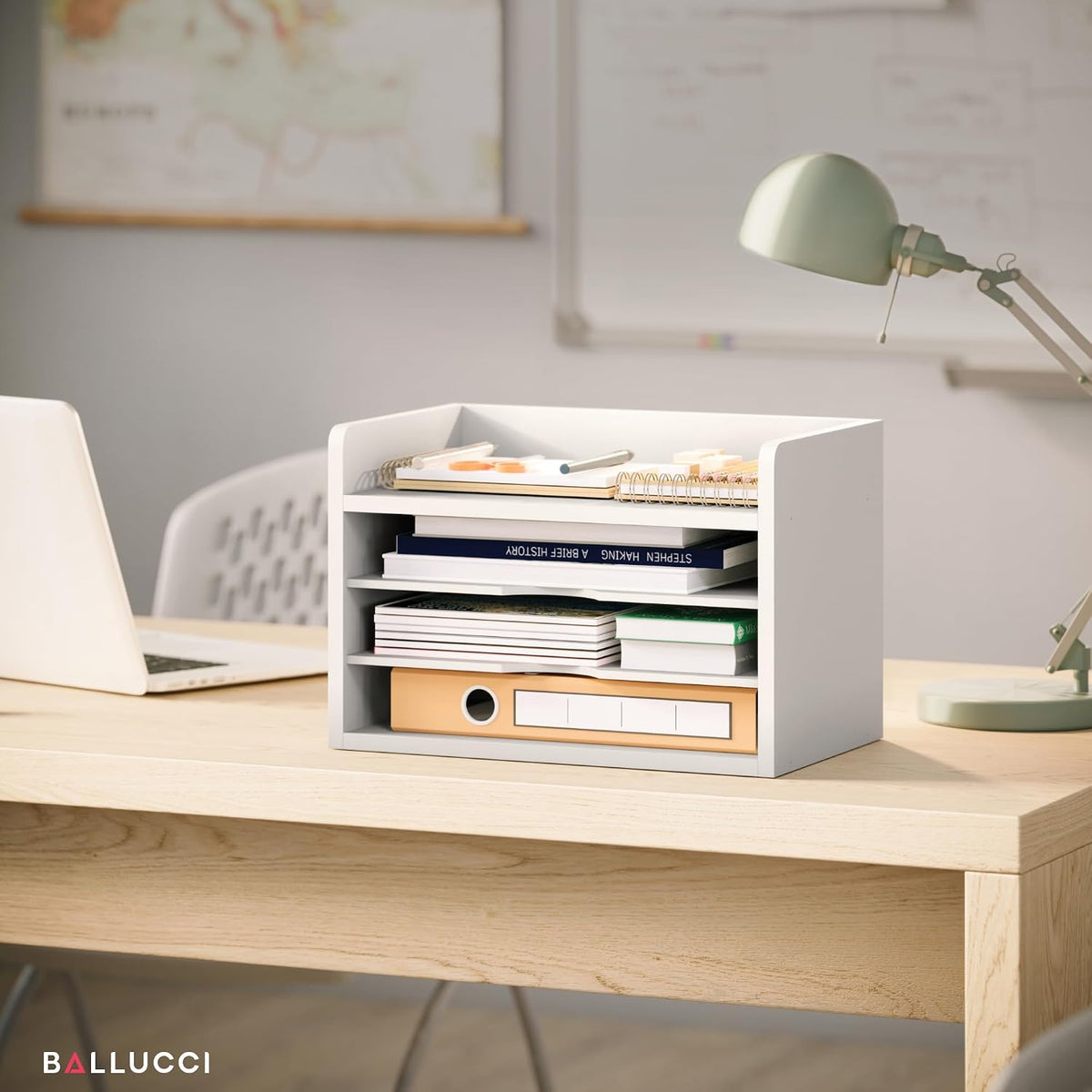 File Organizer, 2-Tier Document Paper Sorter, Stackable Wood Desk Organizer Mail Holder, Monitor Stand with Storage Shelves, White