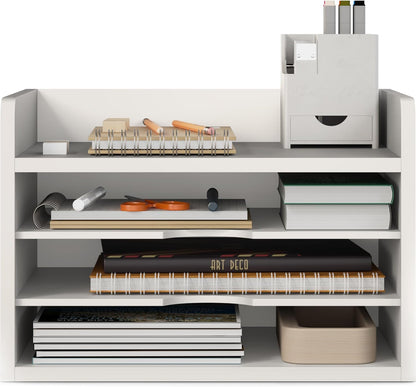 File Organizer, 2-Tier Document Paper Sorter, Stackable Wood Desk Organizer Mail Holder, Monitor Stand with Storage Shelves, White