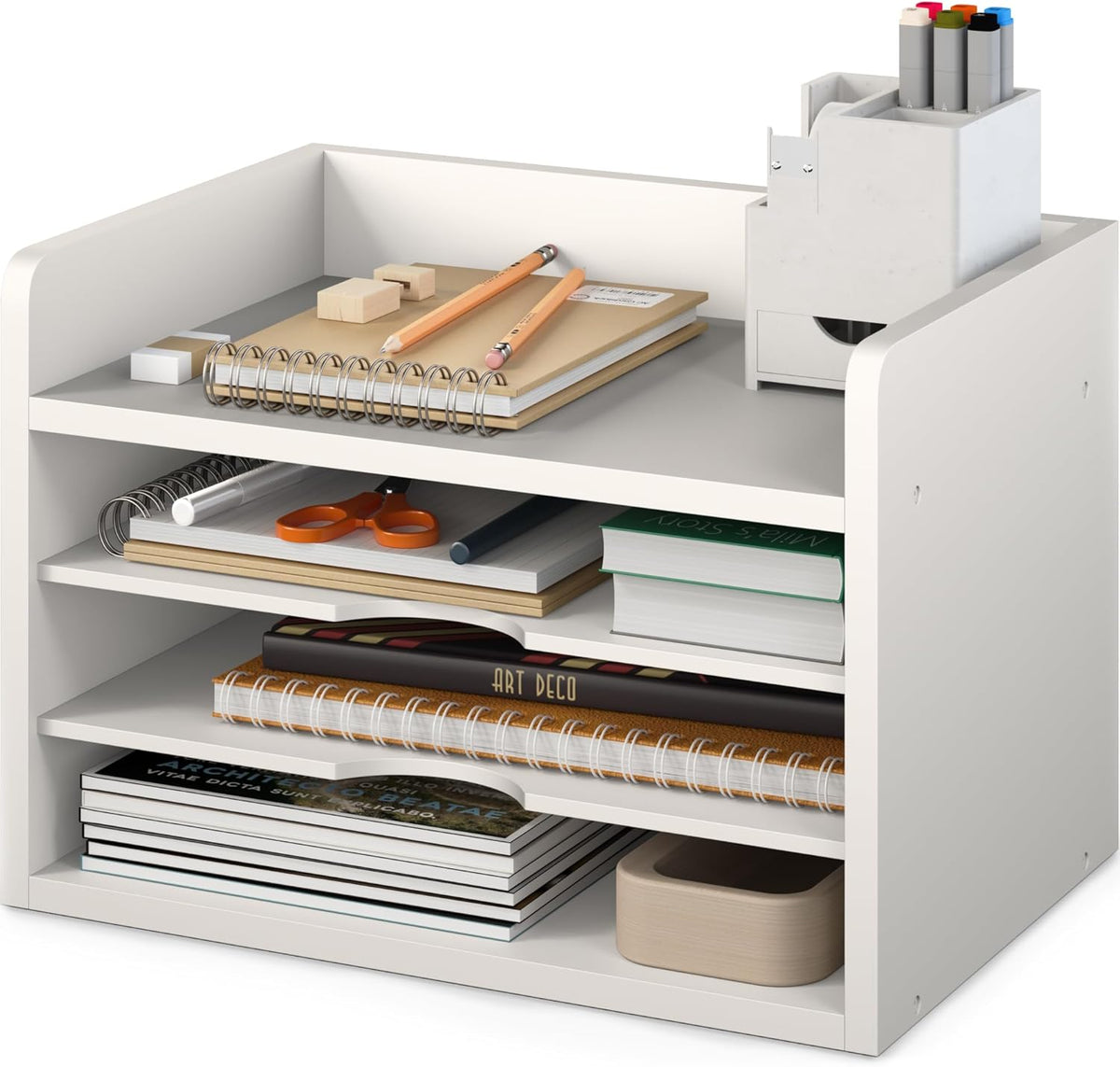 File Organizer, 2-Tier Document Paper Sorter, Stackable Wood Desk Organizer Mail Holder, Monitor Stand with Storage Shelves, White