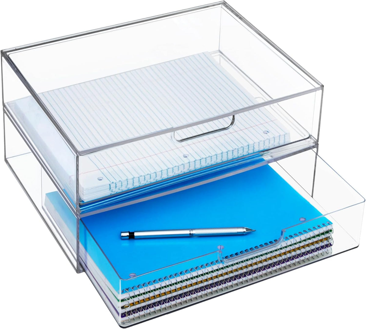 STAX Plastic Stackable Organizer Drawers (Set of 2) Clear | 12.5" Wide | Set Includes Two Open Drawer | Organize Office Desk Accessories & Sort Paper | Made in USA