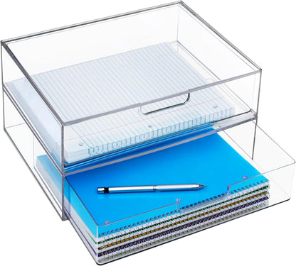 STAX Plastic Stackable Organizer Drawers (Set of 2) Clear | 12.5" Wide | Set Includes Two Open Drawer | Organize Office Desk Accessories & Sort Paper | Made in USA