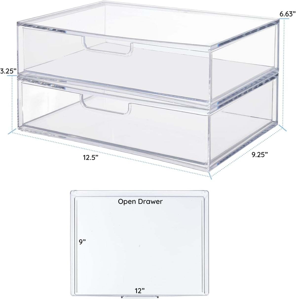 STAX Plastic Stackable Organizer Drawers (Set of 2) Clear | 12.5" Wide | Set Includes Two Open Drawer | Organize Office Desk Accessories & Sort Paper | Made in USA