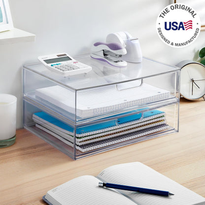 STAX Plastic Stackable Organizer Drawers (Set of 2) Clear | 12.5" Wide | Set Includes Two Open Drawer | Organize Office Desk Accessories & Sort Paper | Made in USA