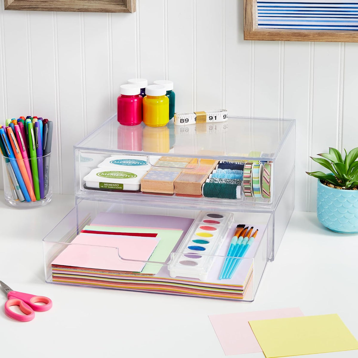 STAX Plastic Stackable Organizer Drawers (Set of 2) Clear | 12.5" Wide | Set Includes Two Open Drawer | Organize Office Desk Accessories & Sort Paper | Made in USA