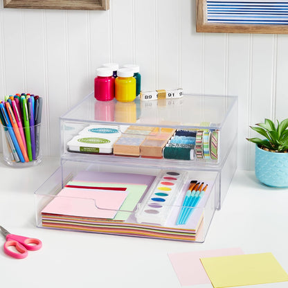 STAX Plastic Stackable Organizer Drawers (Set of 2) Clear | 12.5" Wide | Set Includes Two Open Drawer | Organize Office Desk Accessories & Sort Paper | Made in USA