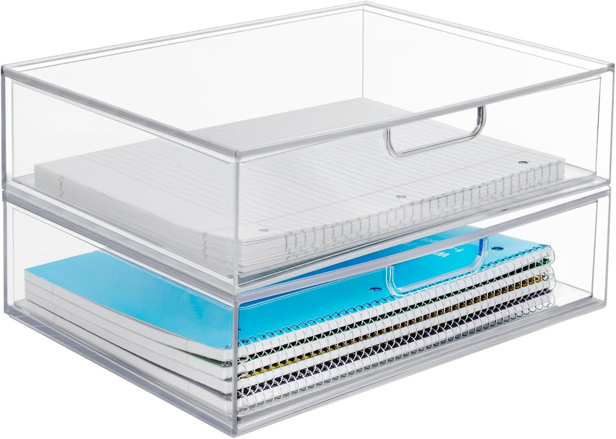 STAX Plastic Stackable Organizer Drawers (Set of 2) Clear | 12.5" Wide | Set Includes Two Open Drawer | Organize Office Desk Accessories & Sort Paper | Made in USA