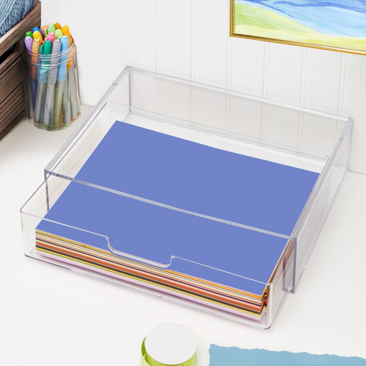 STAX Plastic Stackable Organizer Drawers (Set of 2) Clear | 12.5" Wide | Set Includes Two Open Drawer | Organize Office Desk Accessories & Sort Paper | Made in USA