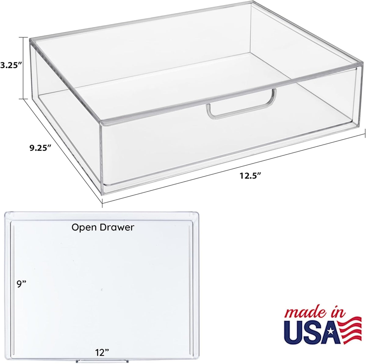 STAX Plastic Stackable Organizer Drawers (Set of 2) Clear | 12.5" Wide | Set Includes Two Open Drawer | Organize Office Desk Accessories & Sort Paper | Made in USA