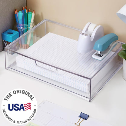 STAX Plastic Stackable Organizer Drawers (Set of 2) Clear | 12.5" Wide | Set Includes Two Open Drawer | Organize Office Desk Accessories & Sort Paper | Made in USA