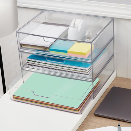 STAX Plastic Stackable Organizer Drawers (Set of 2) Clear | 12.5" Wide | Set Includes Two Open Drawer | Organize Office Desk Accessories & Sort Paper | Made in USA