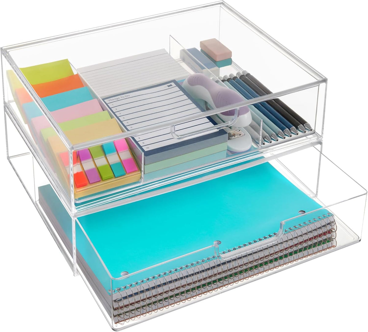 STAX Plastic Stackable Organizer Drawers (Set of 2) Clear | 12.5" Wide | Set Includes Two Open Drawer | Organize Office Desk Accessories & Sort Paper | Made in USA