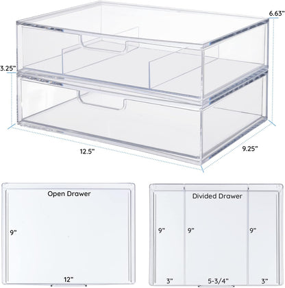 STAX Plastic Stackable Organizer Drawers (Set of 2) Clear | 12.5" Wide | Set Includes Two Open Drawer | Organize Office Desk Accessories & Sort Paper | Made in USA
