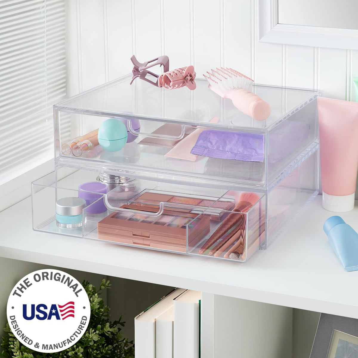 STAX Plastic Stackable Organizer Drawers (Set of 2) Clear | 12.5" Wide | Set Includes Two Open Drawer | Organize Office Desk Accessories & Sort Paper | Made in USA