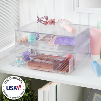 STAX Plastic Stackable Organizer Drawers (Set of 2) Clear | 12.5" Wide | Set Includes Two Open Drawer | Organize Office Desk Accessories & Sort Paper | Made in USA