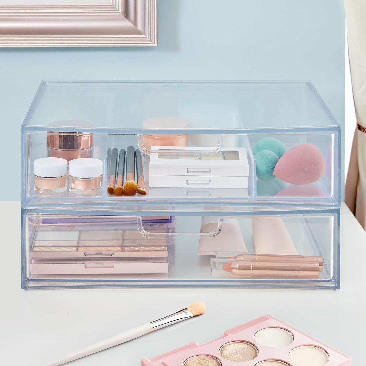 STAX Plastic Stackable Organizer Drawers (Set of 2) Clear | 12.5" Wide | Set Includes Two Open Drawer | Organize Office Desk Accessories & Sort Paper | Made in USA