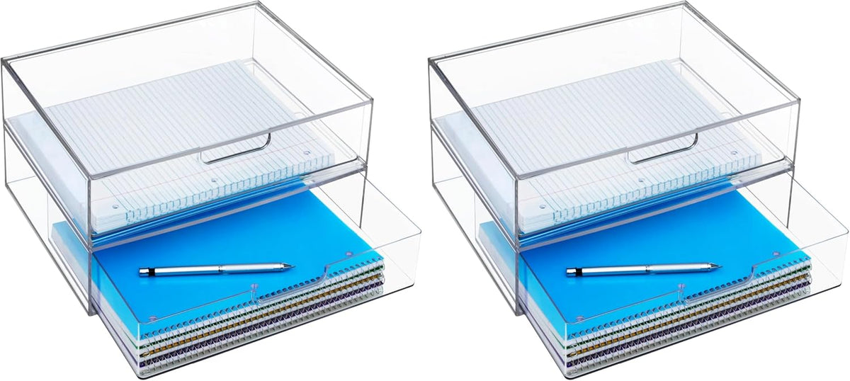 STAX Plastic Stackable Organizer Drawers (Set of 2) Clear | 12.5" Wide | Set Includes Two Open Drawer | Organize Office Desk Accessories & Sort Paper | Made in USA
