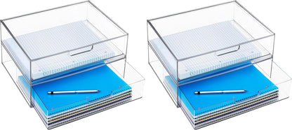 STAX Plastic Stackable Organizer Drawers (Set of 2) Clear | 12.5" Wide | Set Includes Two Open Drawer | Organize Office Desk Accessories & Sort Paper | Made in USA