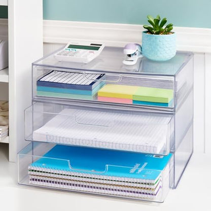 STAX Plastic Stackable Organizer Drawers (Set of 2) Clear | 12.5" Wide | Set Includes Two Open Drawer | Organize Office Desk Accessories & Sort Paper | Made in USA