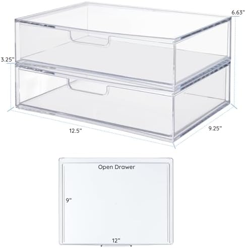 STAX Plastic Stackable Organizer Drawers (Set of 2) Clear | 12.5" Wide | Set Includes Two Open Drawer | Organize Office Desk Accessories & Sort Paper | Made in USA