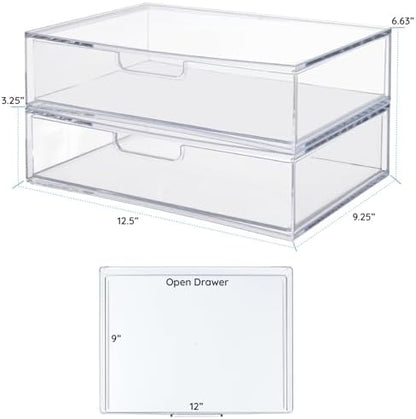 STAX Plastic Stackable Organizer Drawers (Set of 2) Clear | 12.5" Wide | Set Includes Two Open Drawer | Organize Office Desk Accessories & Sort Paper | Made in USA