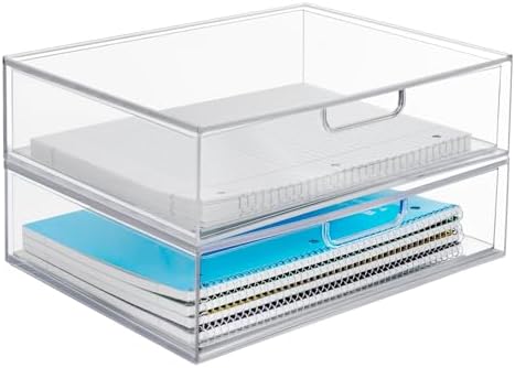 STAX Plastic Stackable Organizer Drawers (Set of 2) Clear | 12.5" Wide | Set Includes Two Open Drawer | Organize Office Desk Accessories & Sort Paper | Made in USA