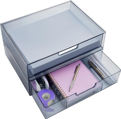 STAX Plastic Stackable Organizer Drawers (Set of 2) Clear | 12.5" Wide | Set Includes Two Open Drawer | Organize Office Desk Accessories & Sort Paper | Made in USA