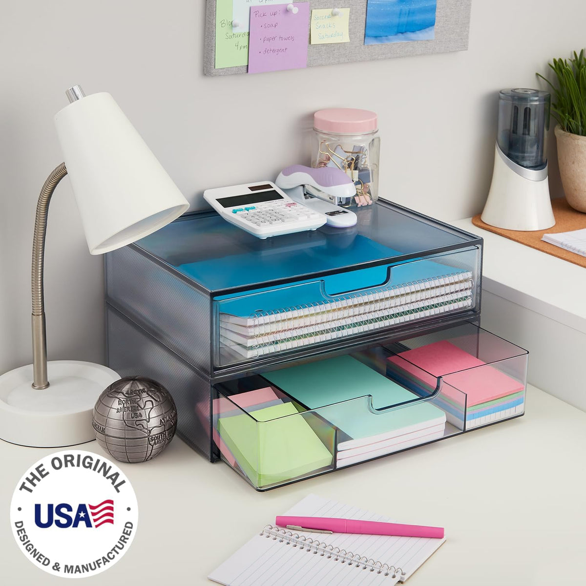 STAX Plastic Stackable Organizer Drawers (Set of 2) Clear | 12.5" Wide | Set Includes Two Open Drawer | Organize Office Desk Accessories & Sort Paper | Made in USA
