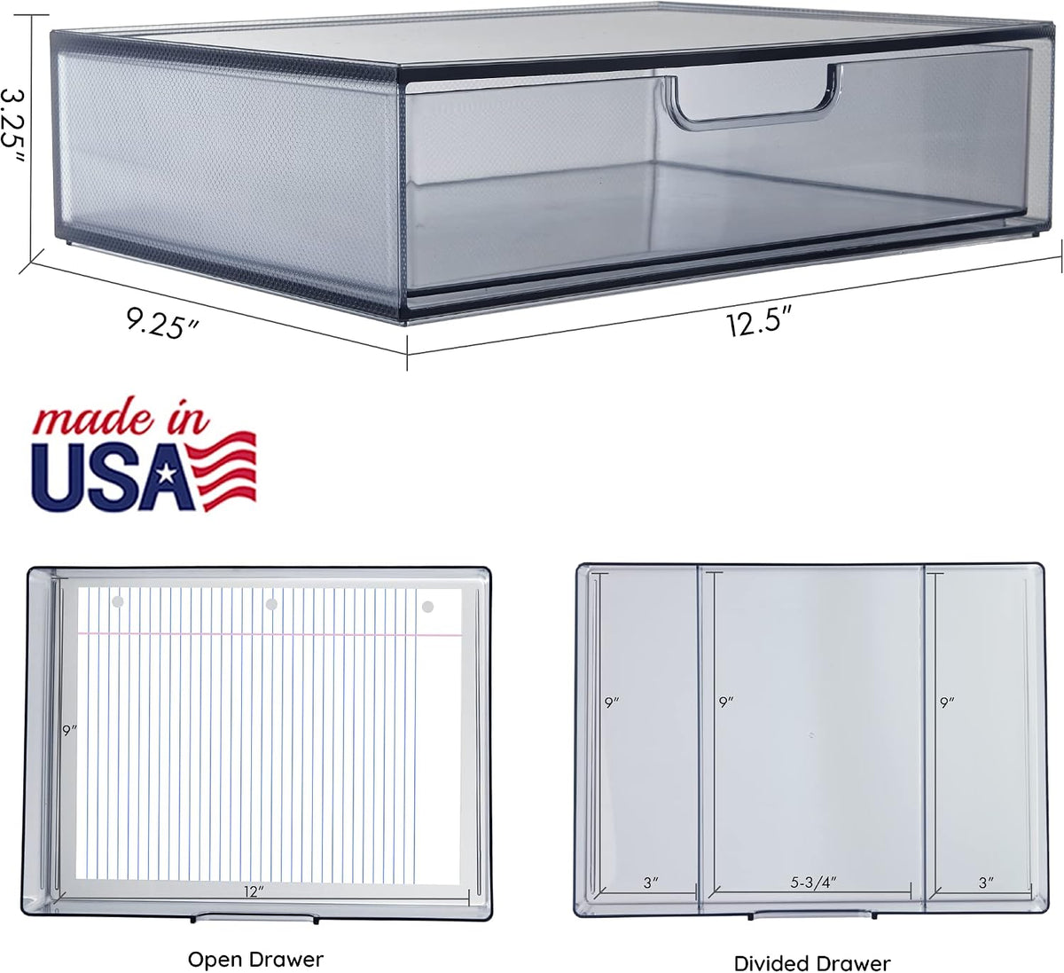 STAX Plastic Stackable Organizer Drawers (Set of 2) Clear | 12.5" Wide | Set Includes Two Open Drawer | Organize Office Desk Accessories & Sort Paper | Made in USA