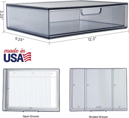 STAX Plastic Stackable Organizer Drawers (Set of 2) Clear | 12.5" Wide | Set Includes Two Open Drawer | Organize Office Desk Accessories & Sort Paper | Made in USA