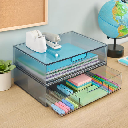 STAX Plastic Stackable Organizer Drawers (Set of 2) Clear | 12.5" Wide | Set Includes Two Open Drawer | Organize Office Desk Accessories & Sort Paper | Made in USA