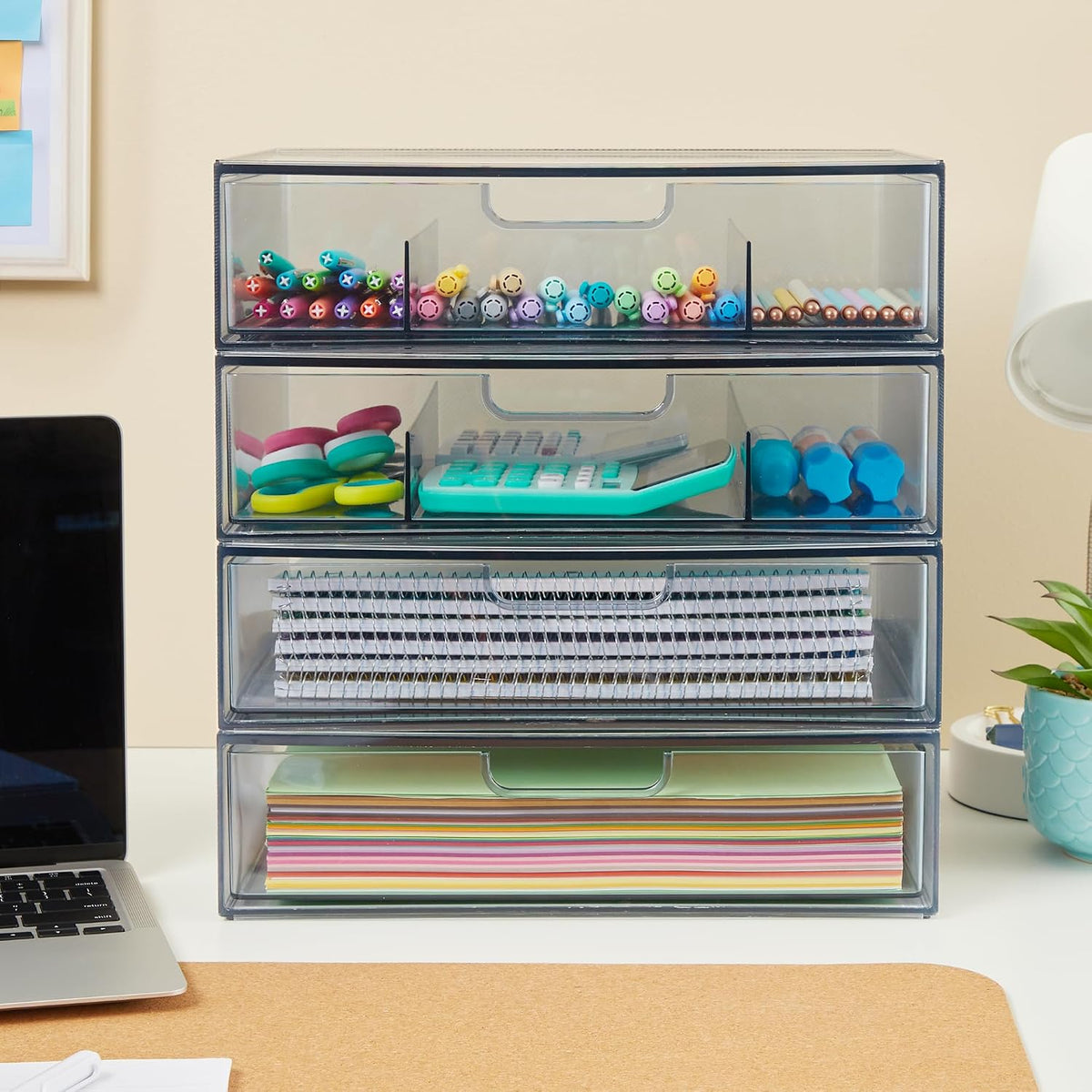 STAX Plastic Stackable Organizer Drawers (Set of 2) Clear | 12.5" Wide | Set Includes Two Open Drawer | Organize Office Desk Accessories & Sort Paper | Made in USA
