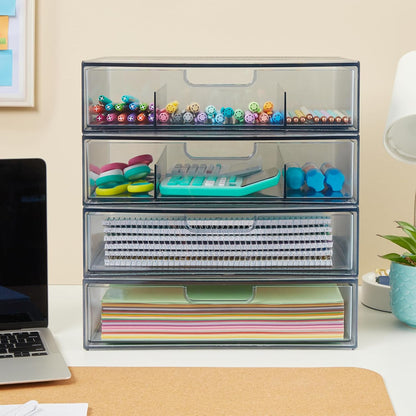 STAX Plastic Stackable Organizer Drawers (Set of 2) Clear | 12.5" Wide | Set Includes Two Open Drawer | Organize Office Desk Accessories & Sort Paper | Made in USA