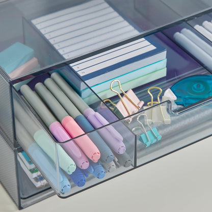 STAX Plastic Stackable Organizer Drawers (Set of 2) Clear | 12.5" Wide | Set Includes Two Open Drawer | Organize Office Desk Accessories & Sort Paper | Made in USA