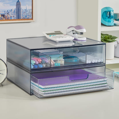 STAX Plastic Stackable Organizer Drawers (Set of 2) Clear | 12.5" Wide | Set Includes Two Open Drawer | Organize Office Desk Accessories & Sort Paper | Made in USA
