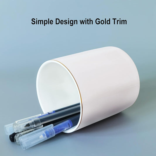 Ceramic Pencil Holder for Desk - Cute Gold Trim Pen Aesthetic Makeup Brush Cup Holder Organizer for Desktop Storage Stationery Office Home Supplies, White