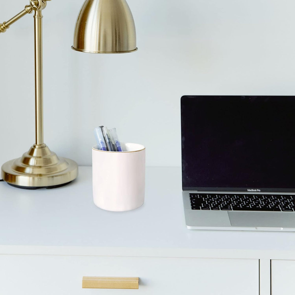 Ceramic Pencil Holder for Desk - Cute Gold Trim Pen Aesthetic Makeup Brush Cup Holder Organizer for Desktop Storage Stationery Office Home Supplies, White