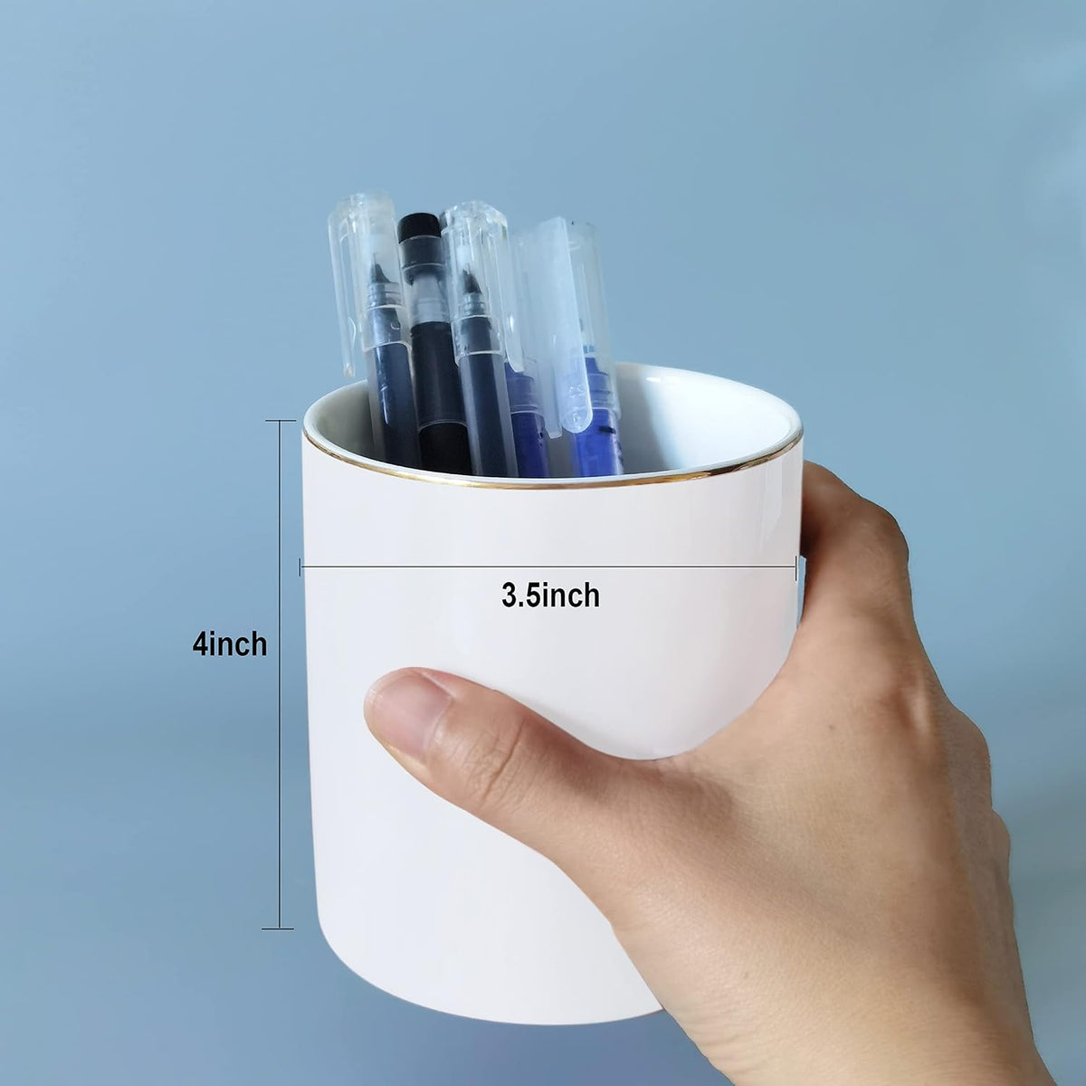 Ceramic Pencil Holder for Desk - Cute Gold Trim Pen Aesthetic Makeup Brush Cup Holder Organizer for Desktop Storage Stationery Office Home Supplies, White