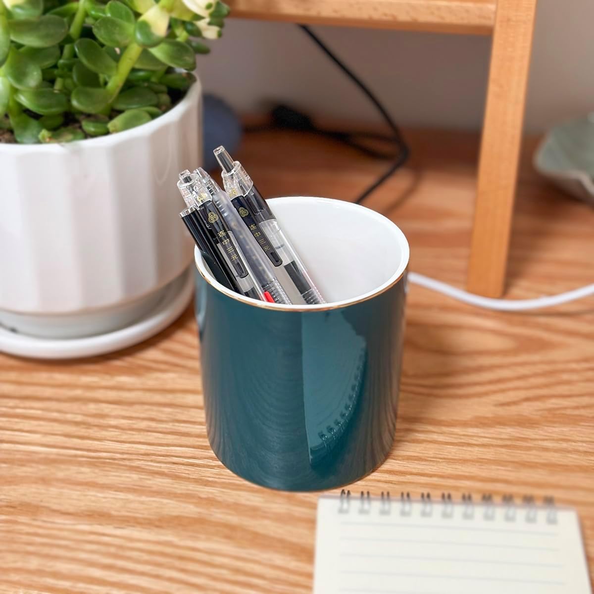 Ceramic Pencil Holder for Desk - Cute Gold Trim Pen Aesthetic Makeup Brush Cup Holder Organizer for Desktop Storage Stationery Office Home Supplies, White