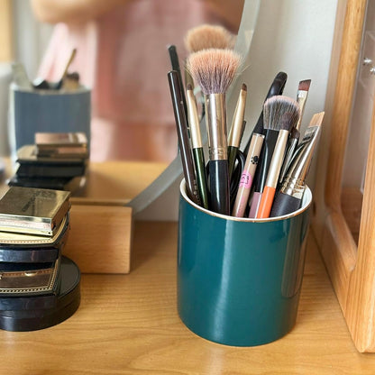Ceramic Pencil Holder for Desk - Cute Gold Trim Pen Aesthetic Makeup Brush Cup Holder Organizer for Desktop Storage Stationery Office Home Supplies, White