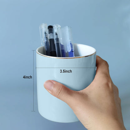 Ceramic Pencil Holder for Desk - Cute Gold Trim Pen Aesthetic Makeup Brush Cup Holder Organizer for Desktop Storage Stationery Office Home Supplies, White