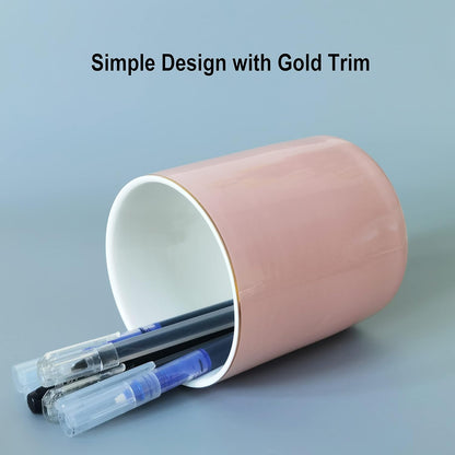 Ceramic Pencil Holder for Desk - Cute Gold Trim Pen Aesthetic Makeup Brush Cup Holder Organizer for Desktop Storage Stationery Office Home Supplies, White
