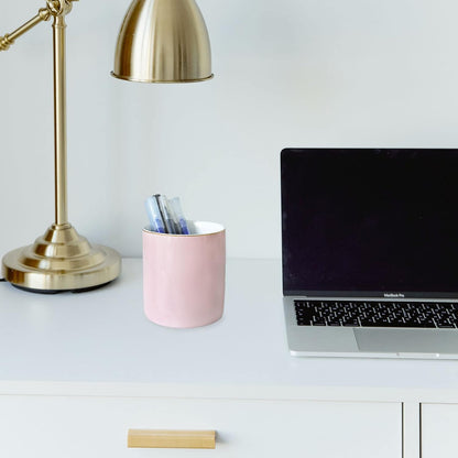 Ceramic Pencil Holder for Desk - Cute Gold Trim Pen Aesthetic Makeup Brush Cup Holder Organizer for Desktop Storage Stationery Office Home Supplies, White