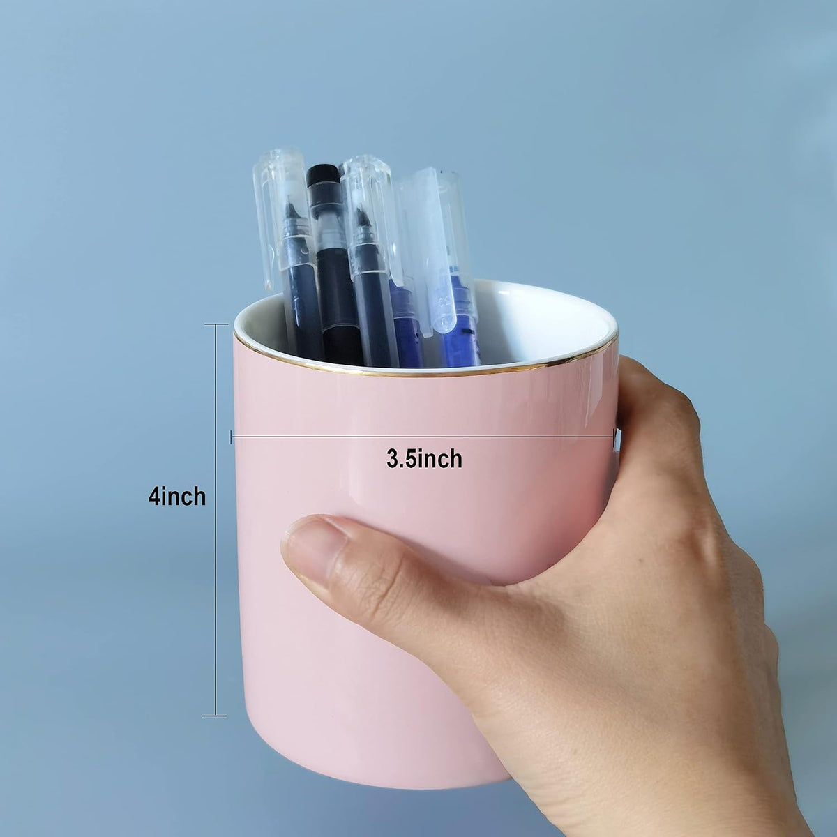 Ceramic Pencil Holder for Desk - Cute Gold Trim Pen Aesthetic Makeup Brush Cup Holder Organizer for Desktop Storage Stationery Office Home Supplies, White
